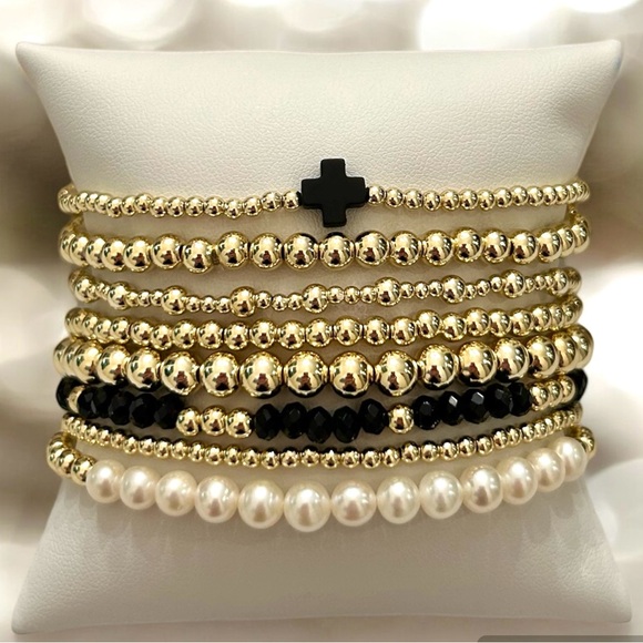 Stack 8 bracelets Holiday stretch black pearls gold handmade, any size, gemstone - Picture 4 of 8